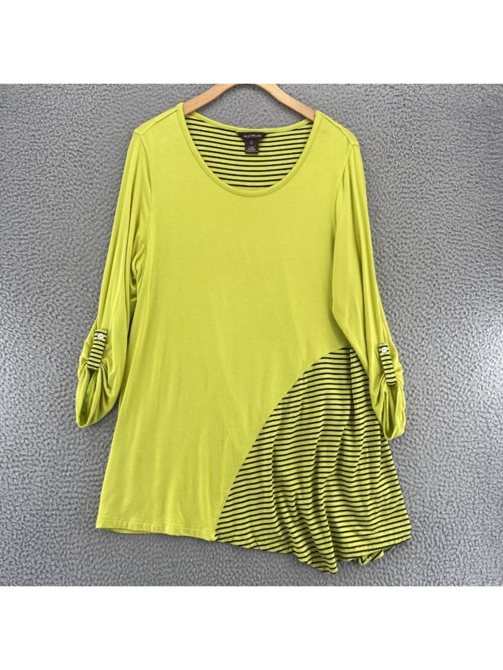 Multiples Top Women Medium Neon Green Asymmetric Striped Tunic Roll Tab Sleeves